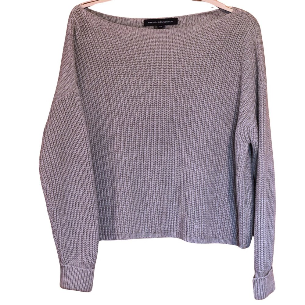 French Connection Gray Boatneck Long Sleeve Boxy Cropped Chunky Knit Sweater
